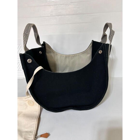 HERMES Cannes MM Tote Bag Hand Bag Canvas Black x Beige w/ Pouch Authentic - Picture 7 of 16